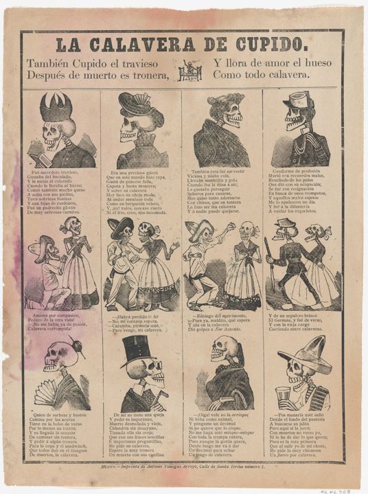 Cupid’s Skeleton: a printed broadside of dancing and posing skeleton figures with verses.