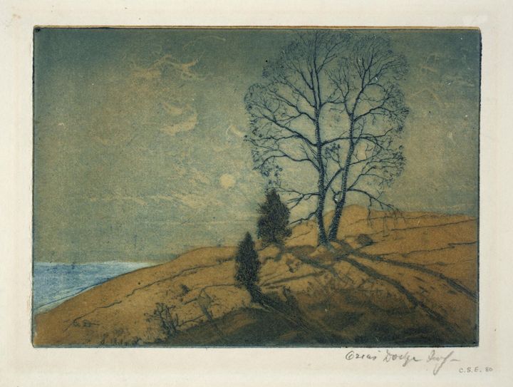 Hallowe’en: a color etching of a bare tree on a hill above a coastline at dusk.